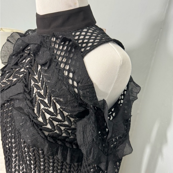 Self Portrait Purl Knit Long Sleeve Black Top Sheer Mesh Sleeve - Picture 4 of 7